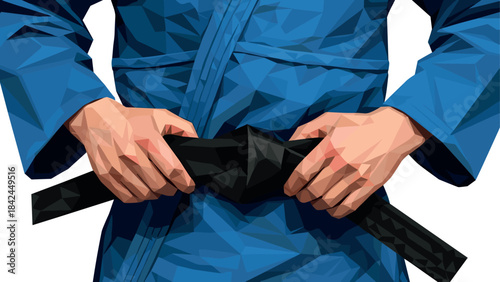 Low poly artwork of martial artist tying black belt in blue uniform