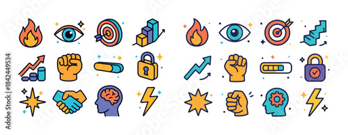 Colorful business and strategy icons featuring eyes, arrows, and