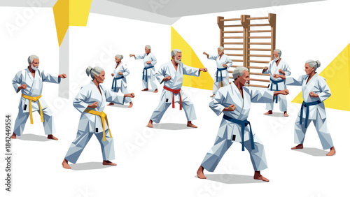 Senior adults practicing karate in a geometric style martial arts studio