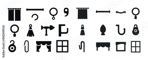 Curtain and window icons set: drapes, rods, hooks, and more