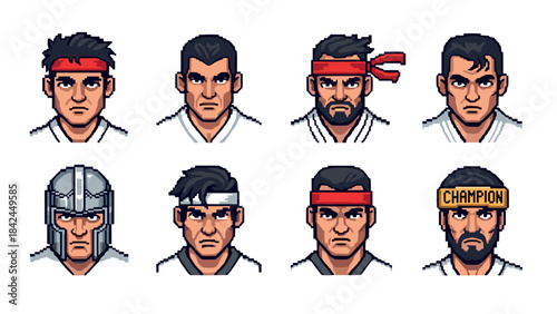 Retro pixel art martial arts characters with varied headbands