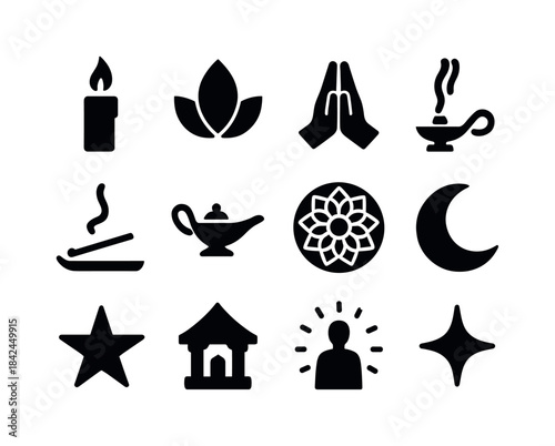 Spiritual Icons Grid. Spiritual Light. Solid icon set of Spiritu