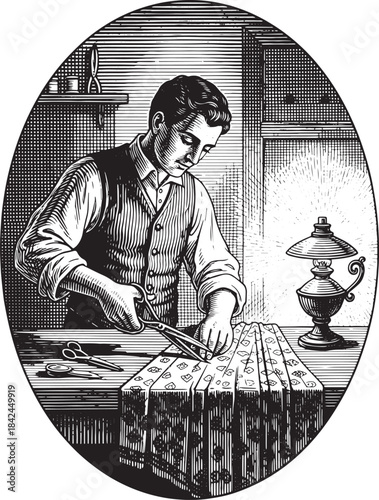 Antique engraving of a gentleman tailor cutting fabric at his wo