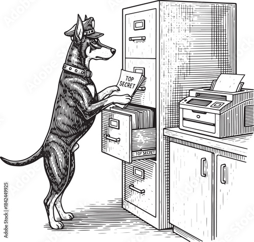 Woodcut of Doberman Retriever Dog in Office, Reading Top Secret
