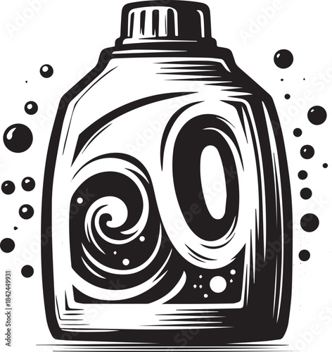 Monochrome laundry detergent illustration with swirling liquid g