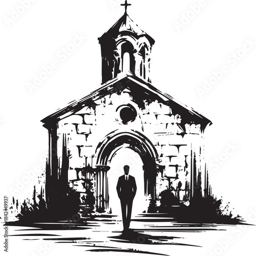 Elegant monochrome illustration of a lone figure entering a ston