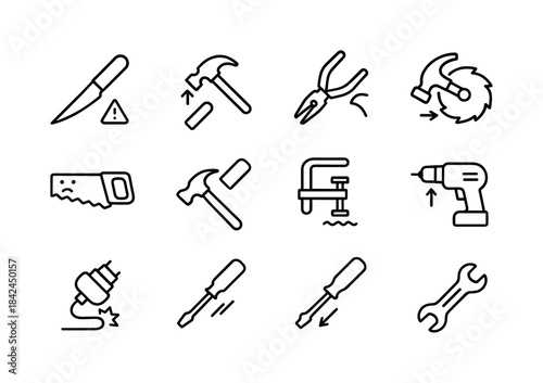 Tool Hazard Icons. Tool Hazards. Line icon set of Tool Hazards: