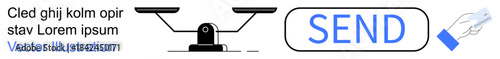 Legal systems, digital communication, decision-making, balance, messaging, information exchange. Black balance scale and blue send button graphic. Legal systems and communication concept