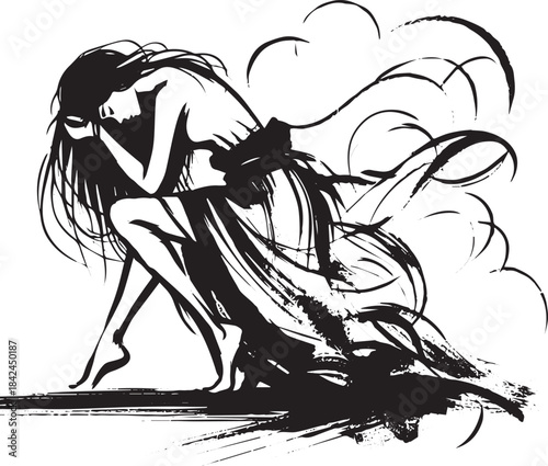 Sorrowful woman burdened by grief, artistic expression in black