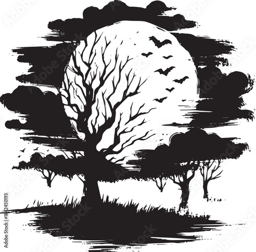 Minimalist nocturnal landscape, Sumi-e illustration with bare tr
