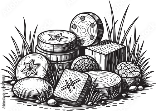 Engraved Wooden Objects and Geometric Shapes with Star and Lines