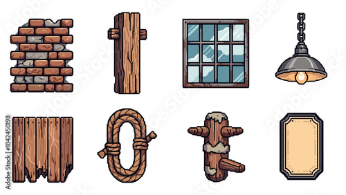Rustic pixel art set featuring brick, wood, window, rope, lamp, and sign elements