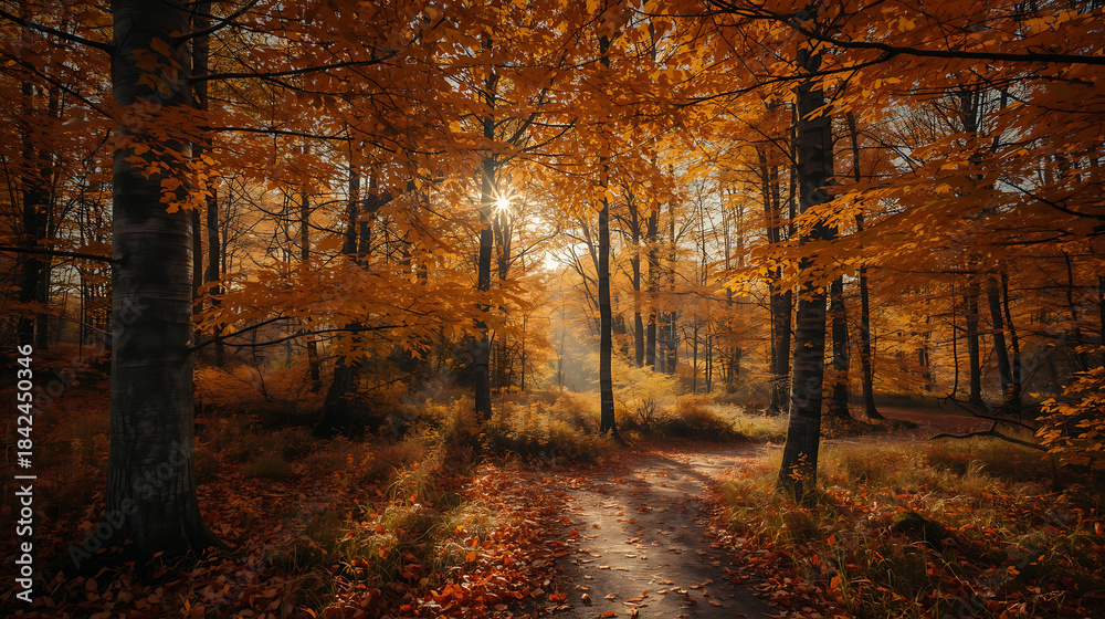 Fototapeta premium Autumn Forest Path with Golden Sunrise
