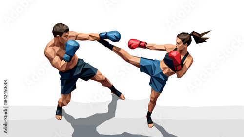 Low poly martial arts fighters sparring in dynamic action scene