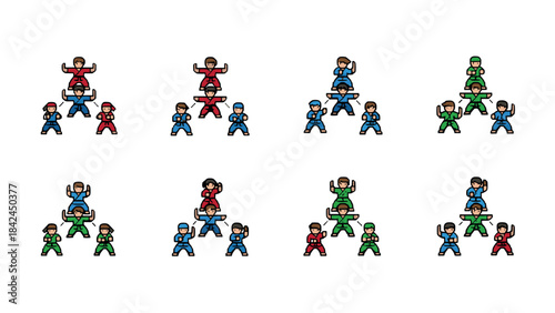 Retro pixel art martial arts figures in fighting poses collection