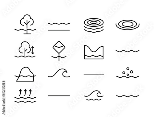 Submerged Terrain Icons. Submerged Terrain. Line icon set of Sub