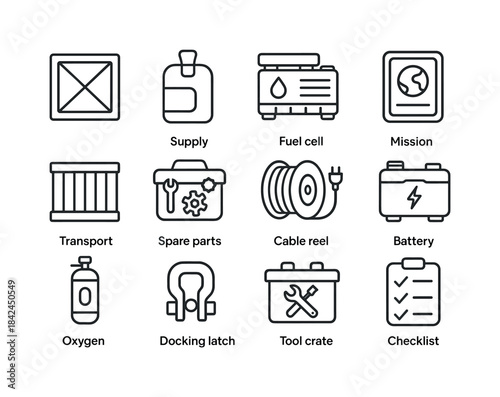 Mars Mission Icon Set. Mars mission logistics. Line icon set of