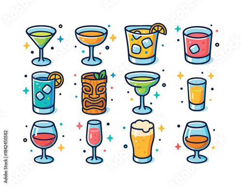 Colorful Cocktail Glass Icons. Cocktail glasses. Colorful isomet