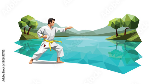 Geometric martial artist by tranquil lake in polygonal landscape design