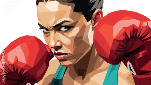 Dynamic low poly portrait of a determined female boxer with red gloves