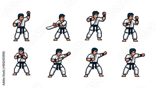 Pixel art martial arts poses: karate fighter in various stances and moves