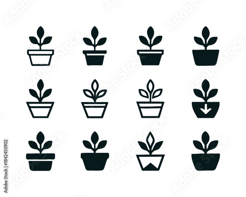 Herb Icon Grid. Growing herbs on a windowsill. Icon set. Set Log