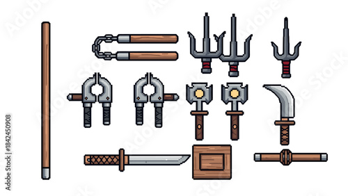 Pixel art martial arts weapons collection: unique retro weaponry for games and design