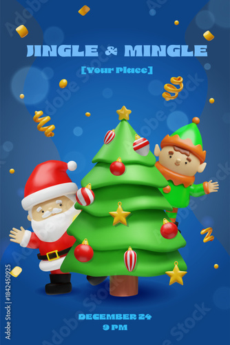 3D party poster a decorated Christmas tree with Santa Claus and a cheerful elf. Christmas party invitations, winter events, holiday promotions, social media posts, seasonal celebration designs.