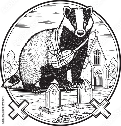 Engraved Badger Preaching, Religious Symbolism and Wildlife Illu