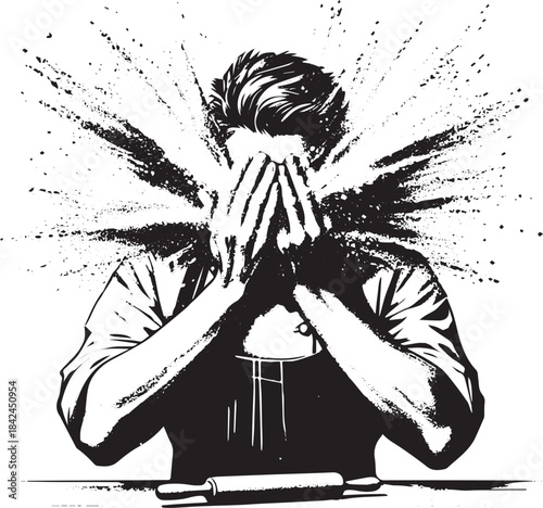 Baking mishap illustration: A chef covered in flour in sumi-e mi