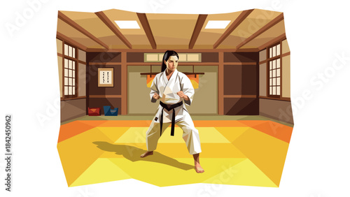 Low poly karate pose in traditional dojo setting with wooden interior and tatami mats