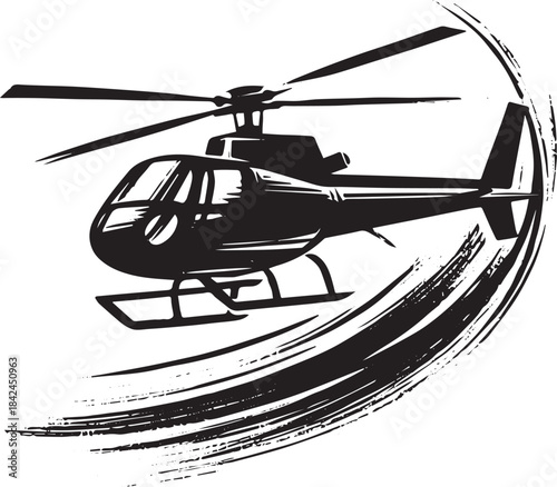 Helicopter in Flight Sumi-e Style with Brush Stroke Dynamic Back