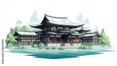 Traditional japanese pagoda near tranquil lake with minimalist geometric art style
