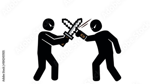 Silhouette characters engaged in pixel sword fight on white background