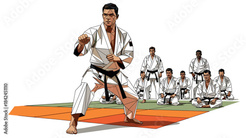 Geometric martial arts training scene with karate practitioners on tatami mats