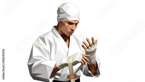 Polygonal martial artist wrapping hands in karate gi