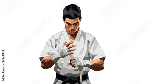 Geometric karate fighter wrapping hands in triangular art style