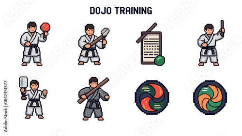 Pixel art karate dojo training icons with martial arts equipment and symbols