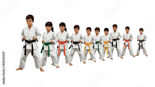 Karate belt progression from white to black with children in low poly style