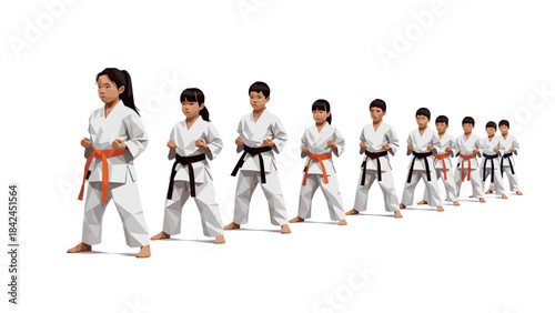 Children practicing karate in geometric style with colored belts