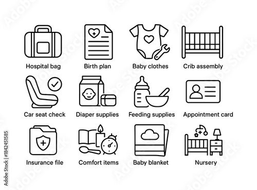 Pregnancy Essentials Icons. Pregnancy Preparation. Line icon set