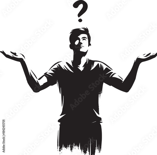 Silhouette of perplexed man shrugging with question mark above h