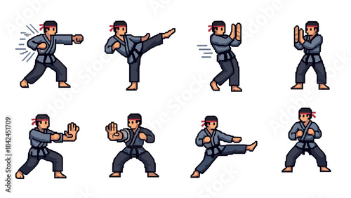 Retro pixel art martial arts moves set in vintage style
