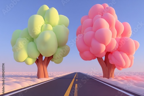 Two cartoon trees with fluffy crowns stand beside a road against a pastel sky