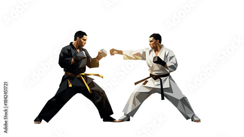 Geometric style martial artists sparring in karate uniforms