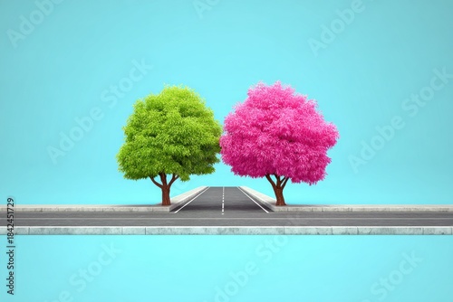 Two vibrant trees with different foliage stand on opposite sides of a road against a clear sky