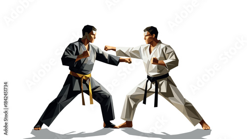 Polygonal martial arts fighters sparring in dynamic karate poses
