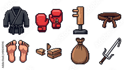 Pixel art martial arts equipment set with boxing gloves and training tools