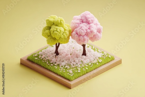 Miniature scene with two whimsical trees, one pink and one green, on a grassy platform