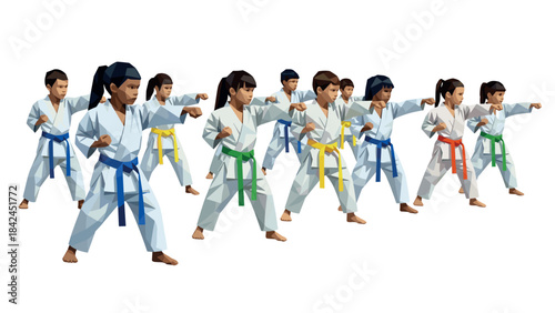 Low poly martial arts kids training session with colorful belts